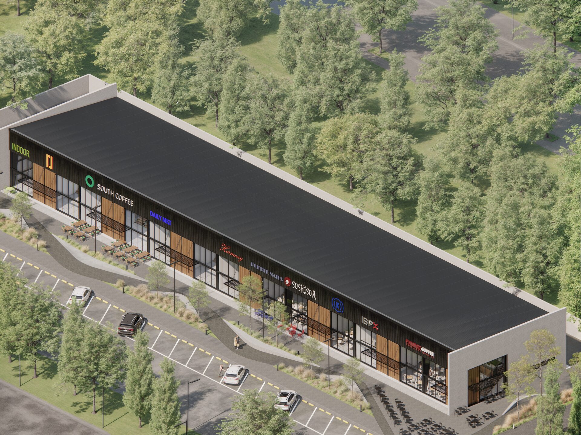Aerial view of the commercial development