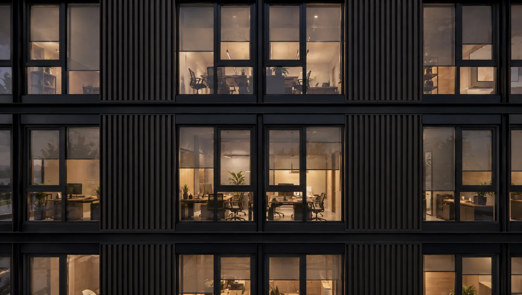 Detalle del cerramiento de PLAC Office con las oficinas iluminadas al anochecer
