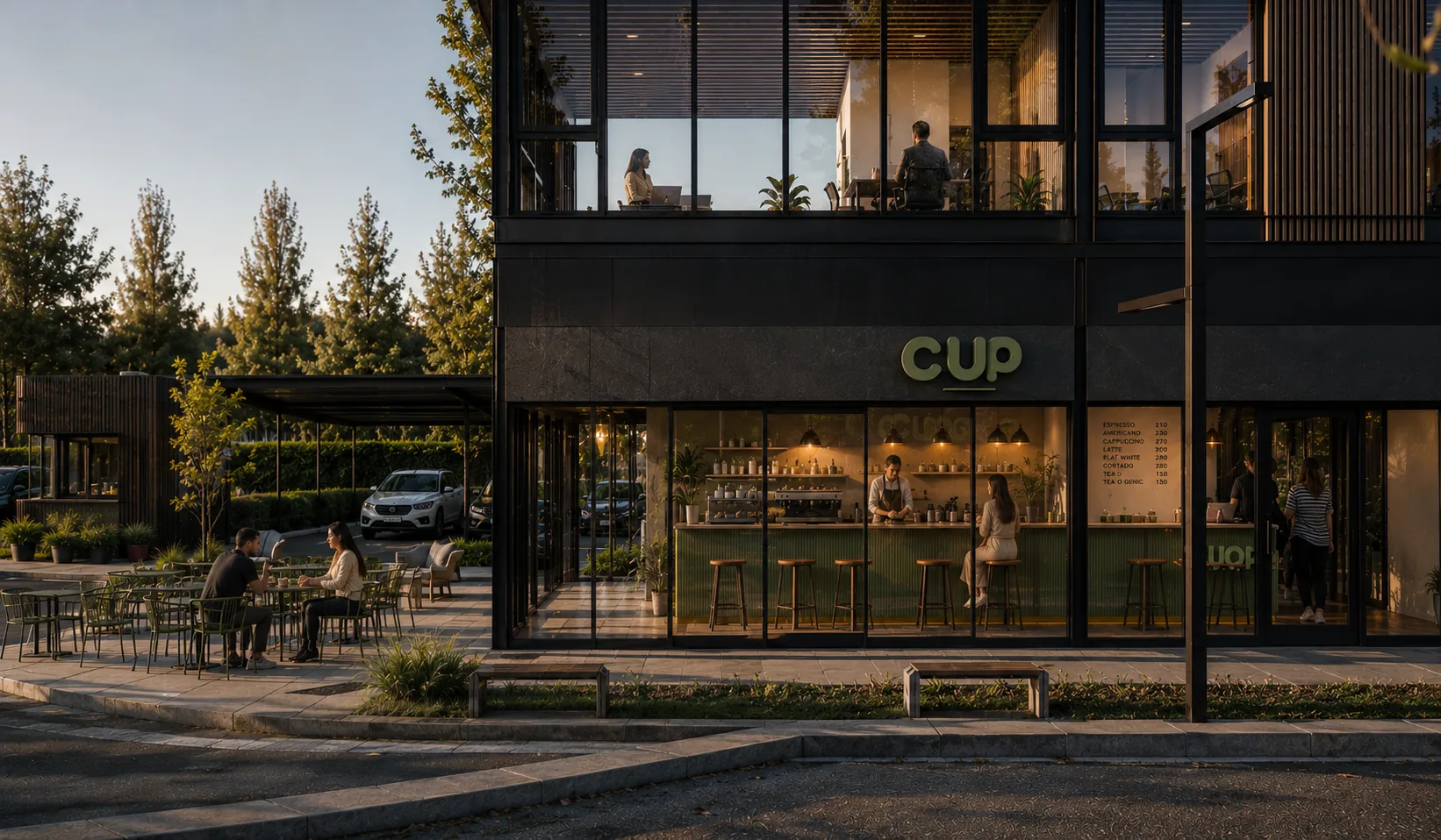 Locales comerciales de PLAC con terraza gastronómica sobre la vía principal