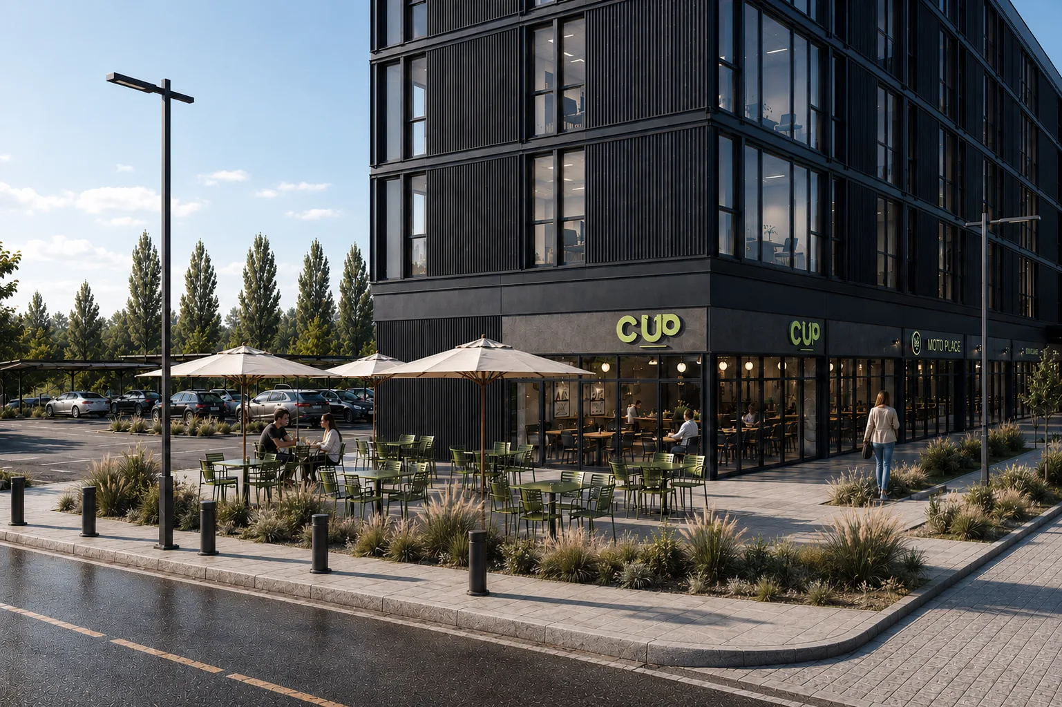 Esquina de PLAC Office con los locales comerciales y la terraza gastronómica