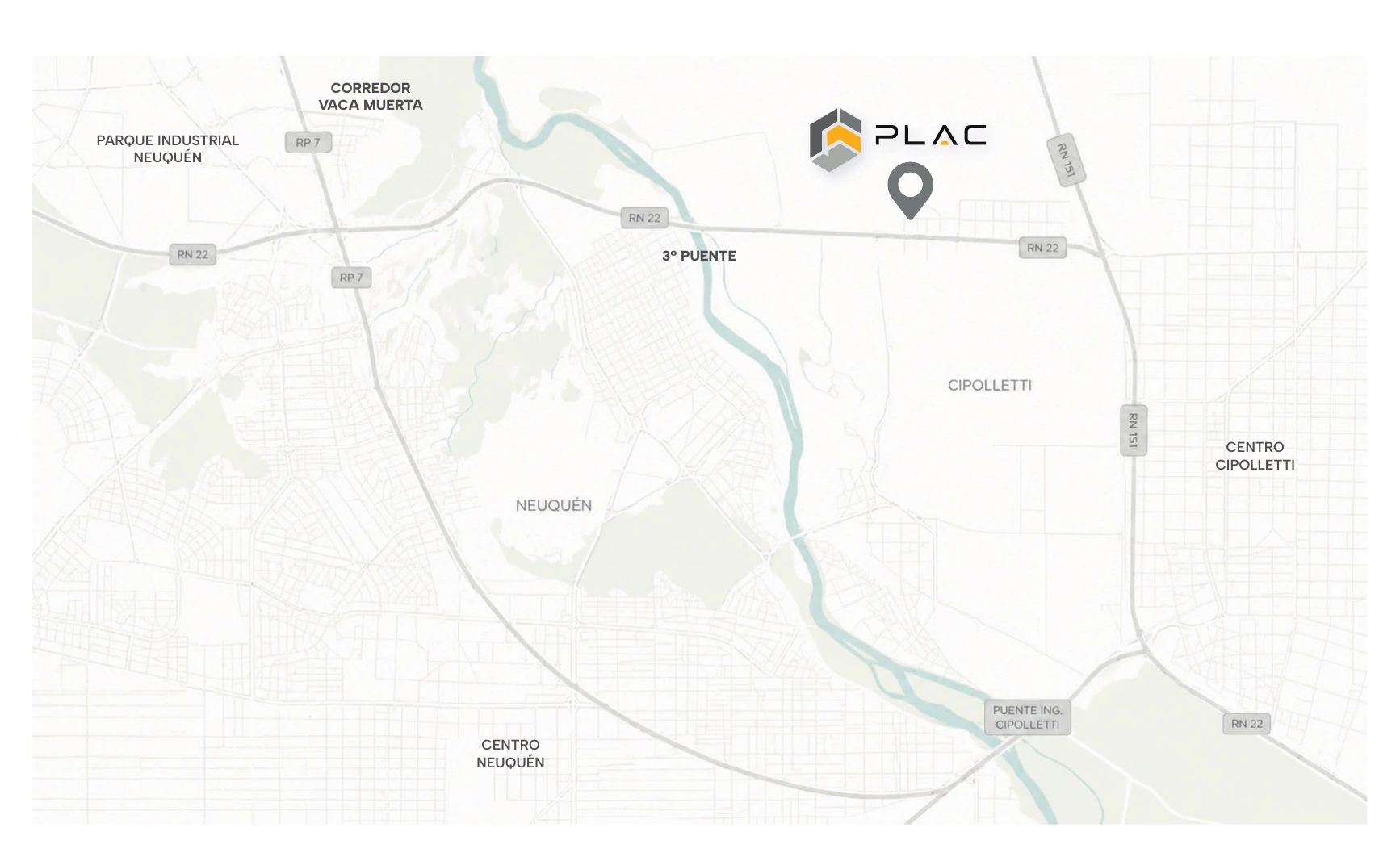 Mapa de ubicación de PLAC entre Neuquén y Cipolletti, sobre el 3° puente