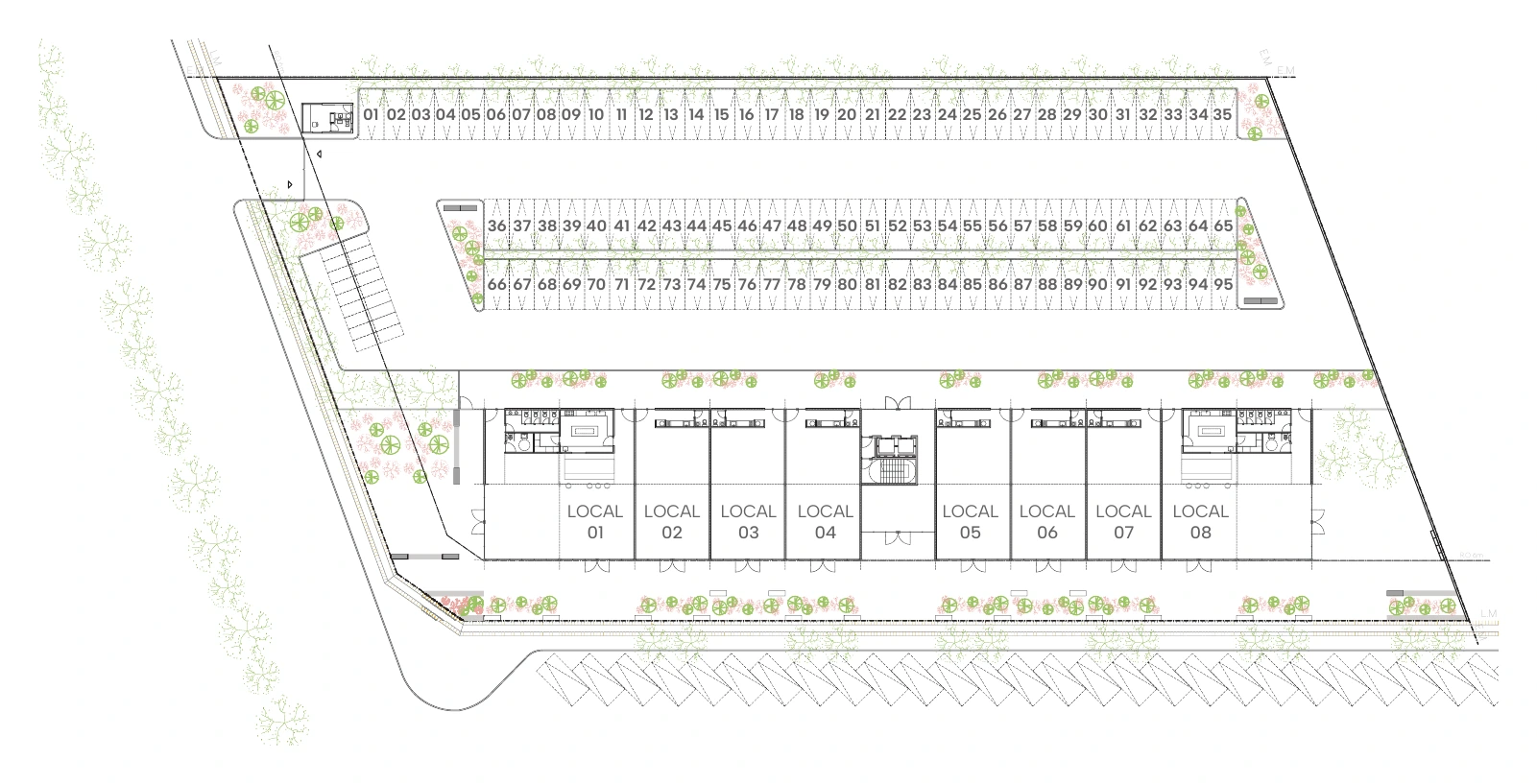 Masterplan de PLAC con las 95 cocheras y los locales comerciales