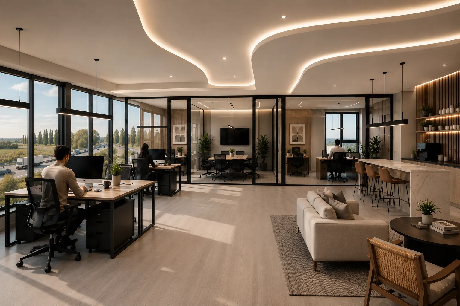 Interior de una oficina Corporate de PLAC con estar, office y sala de reunión