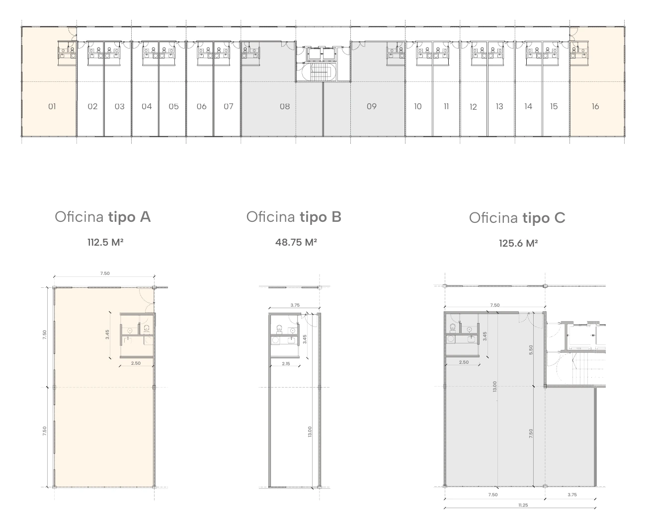 Planta del nivel de Oficinas Flex de PLAC con tipologías A, B y C