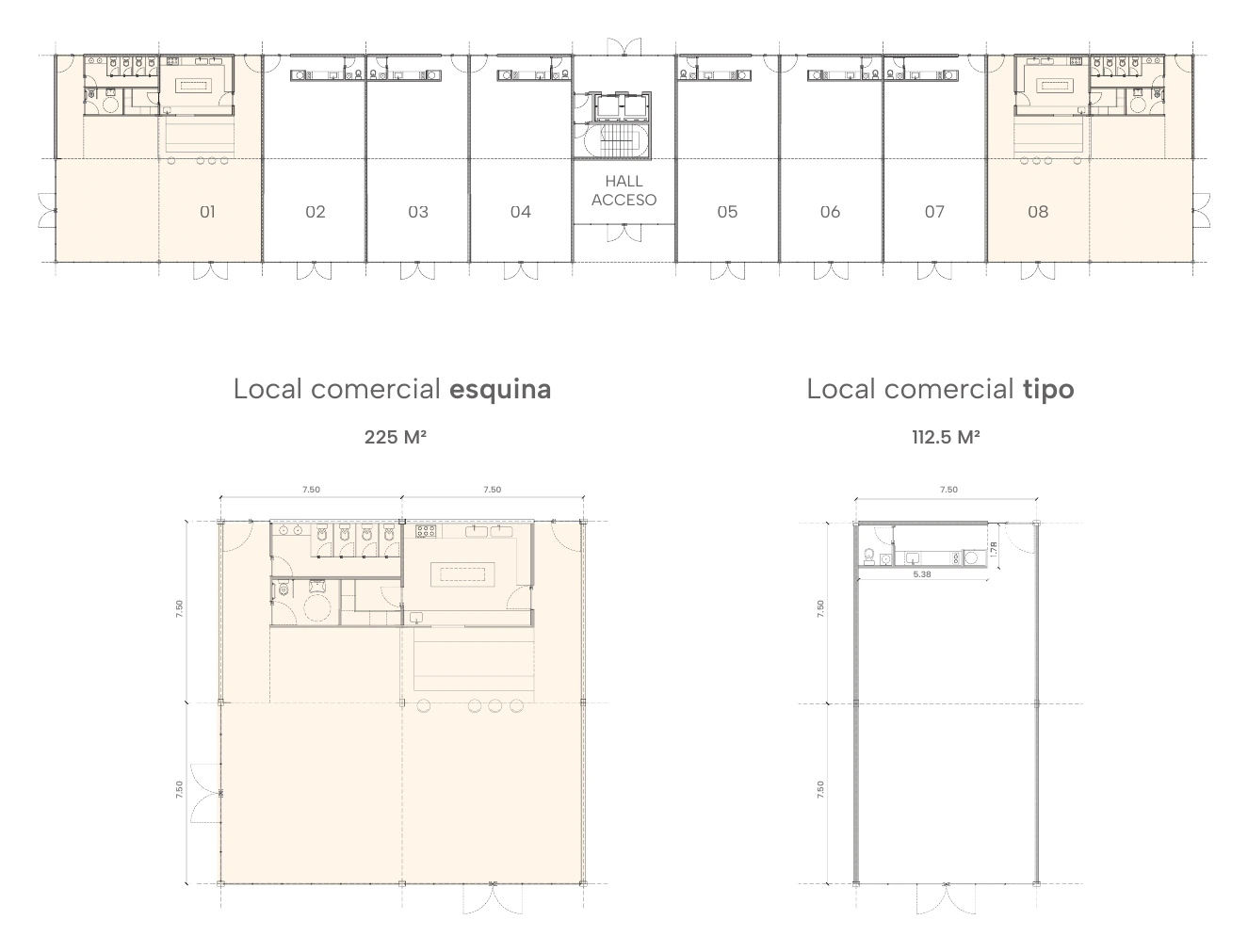 Planta baja comercial de PLAC con los 8 locales y el hall de acceso